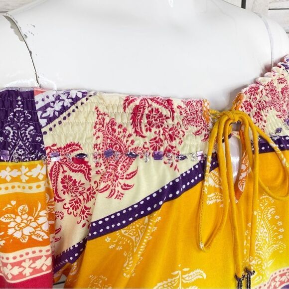 Joyous & Free Floral Damask Colorblock Tunic Dress Small Off Shoulder Smocked - Picture 6 of 13